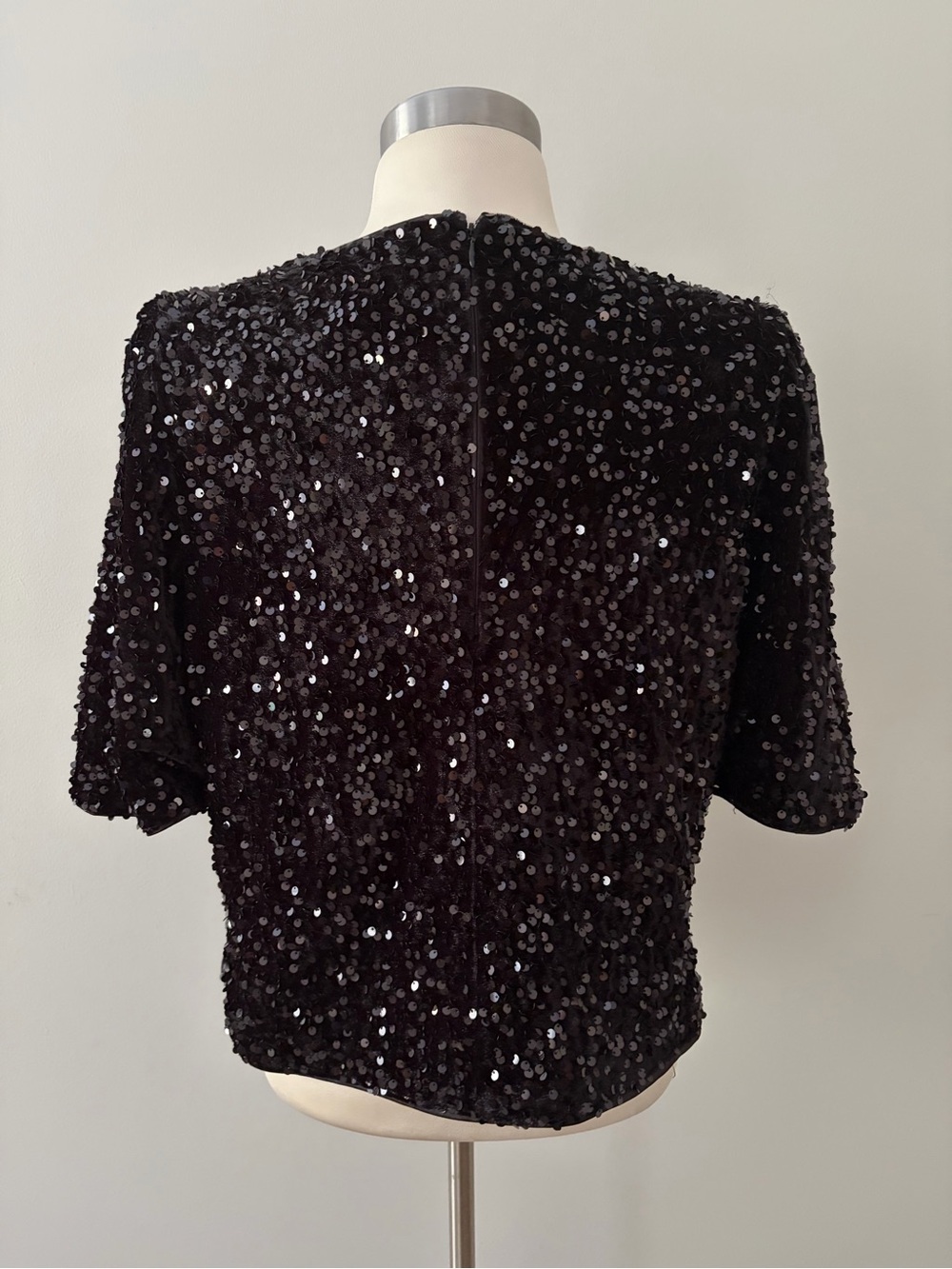 Nanette Lepore Black Velvet Sequin Short Sleeve Top L Retro Glam Festive Shimmer - Picture 6 of 10